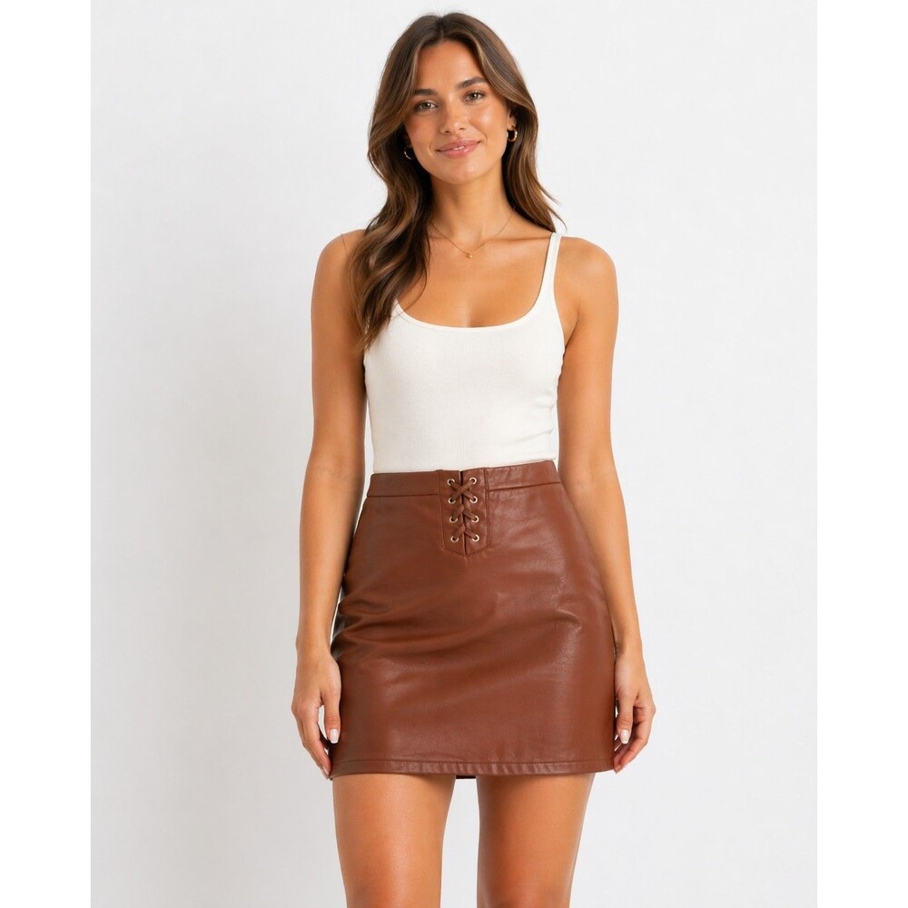 Y2K Haute Monde Brown Faux Leather Mini Skirt Lace Up Front Women Size L  NWT